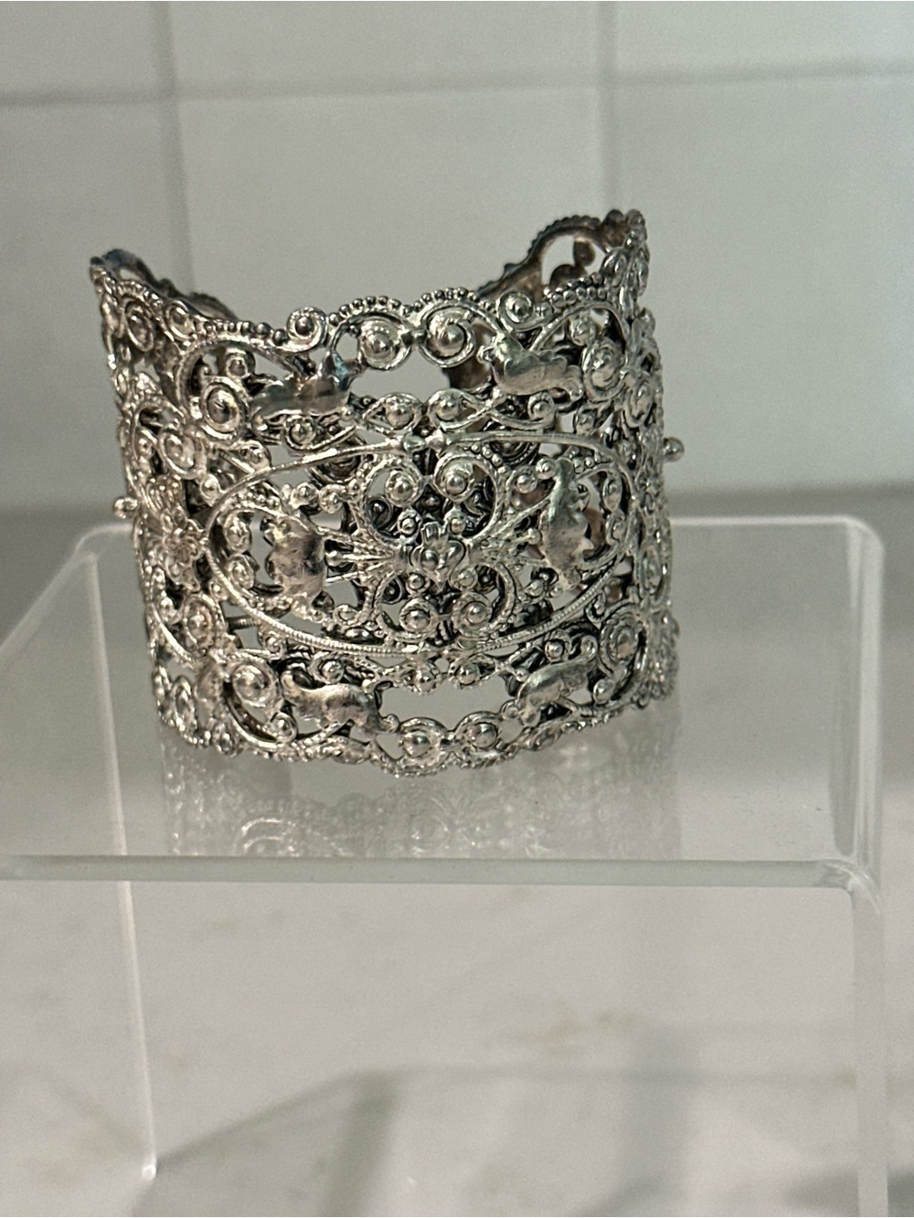 Virgins Saints & Angels Silver Filigree Ornate Wide Cuff Bracelet